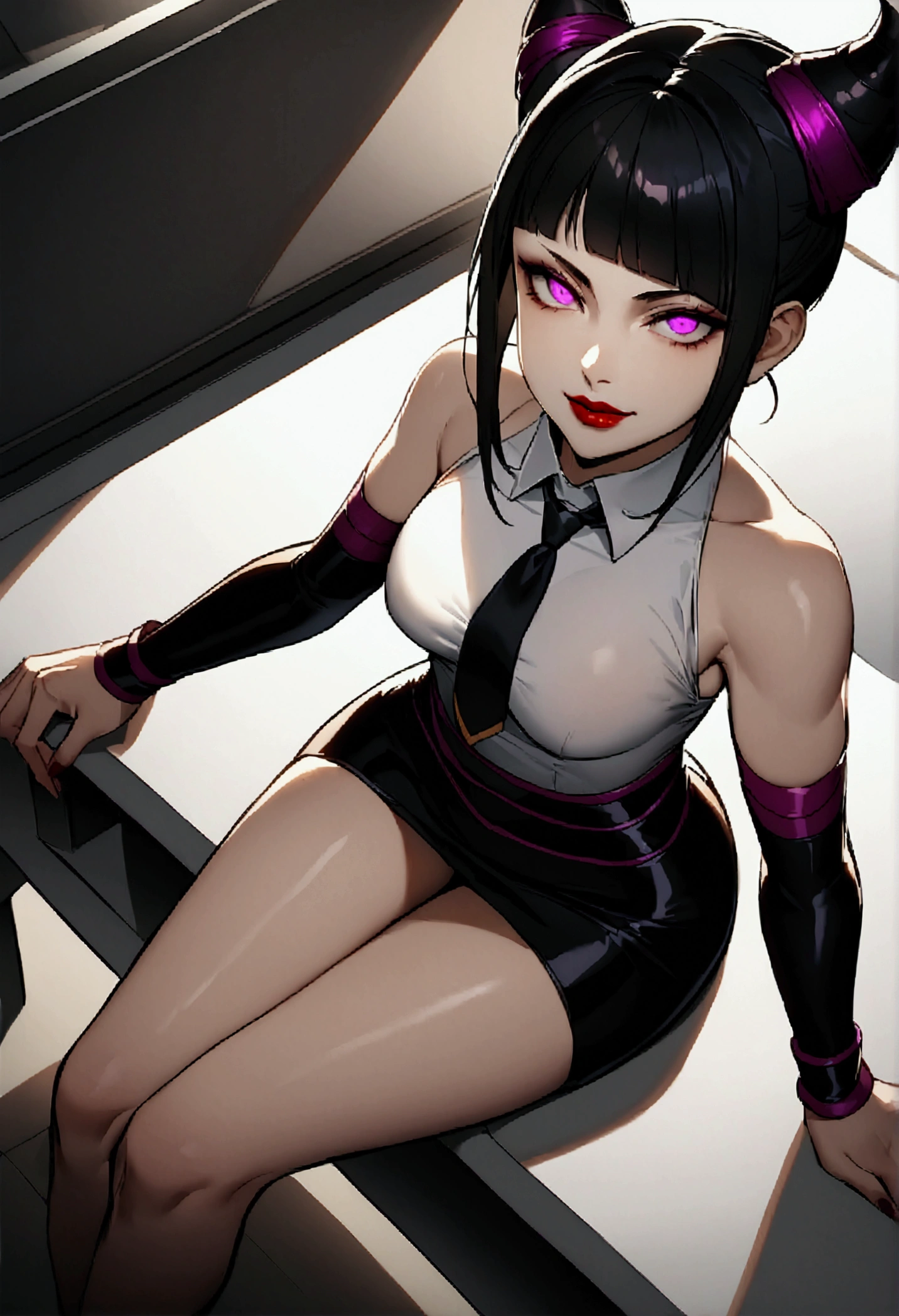 juri han, work of art, tight white secretary shirt with black tie, black high waist skirt, short skirt,stocking, black hair, black tightscary sun,office,bangs on the eyes,Lighting,horn of hair,view from above,staring overhead,evil smile,sitting,cross legs,glowing purple eyes,red lips,The eyes
