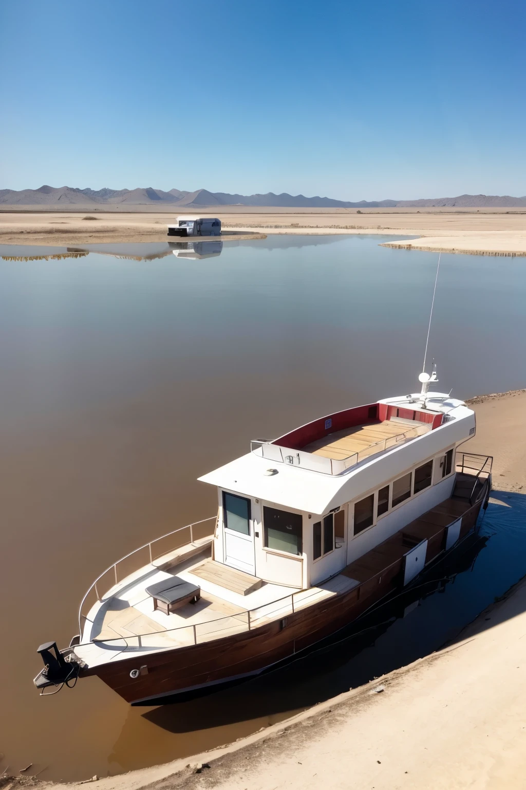 image of a houseboat on a dry lake