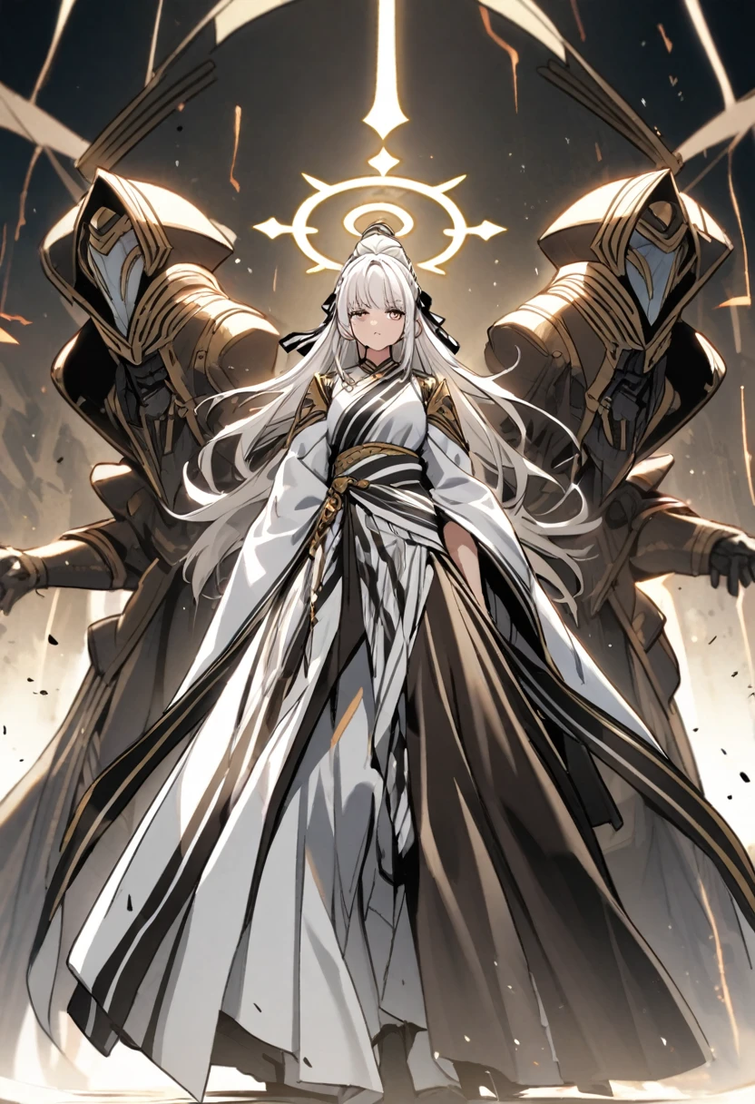 goddess(white half-up hair, black and white stripe sari, hair-ribbon, brown halo, overseer)