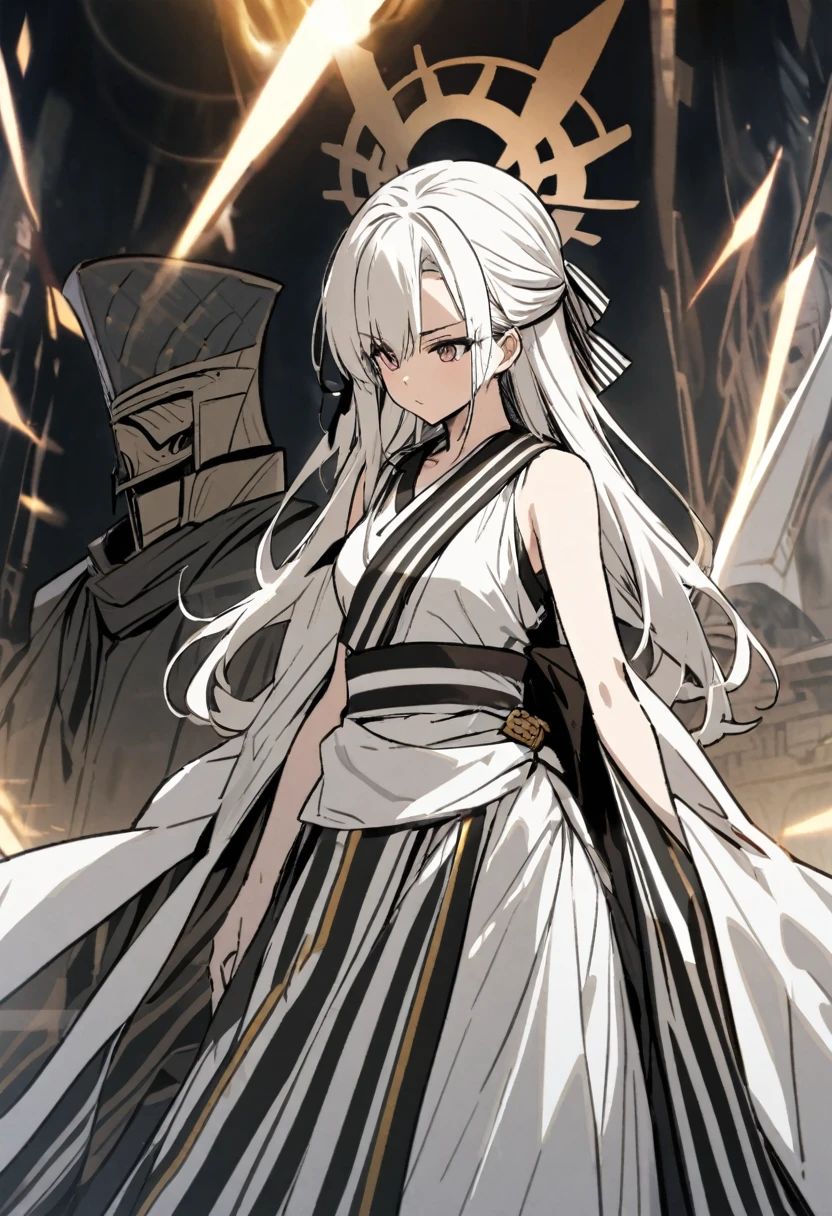 goddess(brown half-up hair, black and white stripe sari, hair-ribbon, brown halo, overseer)