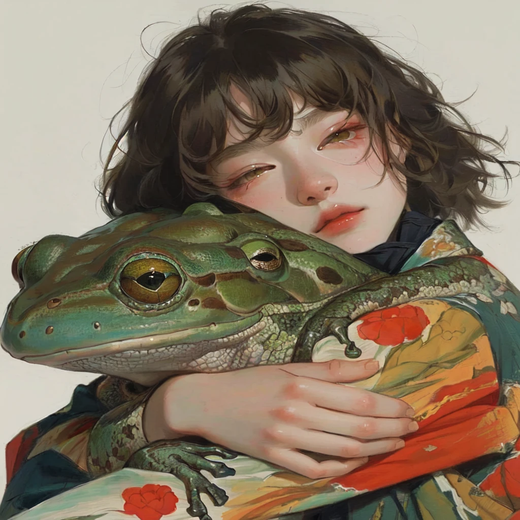 blurred image of one holding a frog and a frog pillow, inspired by Dino Valls, pintura ilustrativa realista, inspired by Kano Naizen, inspired by Karel Dujardin, Hyper-realism of the fine arts, Photorealism art, colorful hyperrealism, inspired by Yanjun Cheng, hyperrealistic art, highly complex hyperrealistic, james jean e wlop