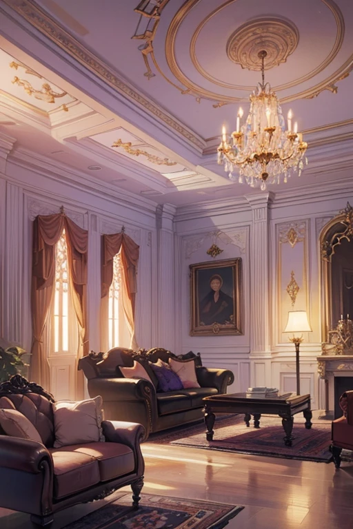 Interior, victorian Manor with reliquies, (((Nigth))), (((moonligth enters the living room))) soft pale orange palette, soft violet secundary exterior ligth
