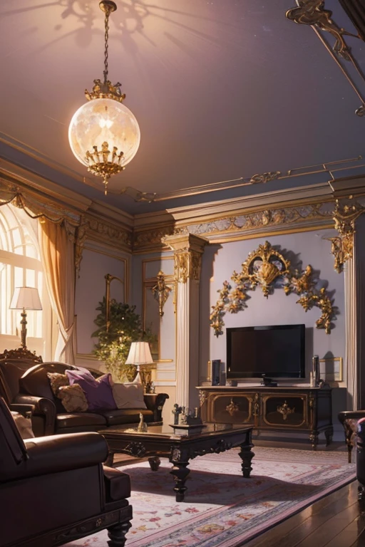 Interior, victorian Manor with reliquies, (((Nigth))), (((moonligth enters the living room))) soft pale orange palette, soft violet secundary exterior ligth