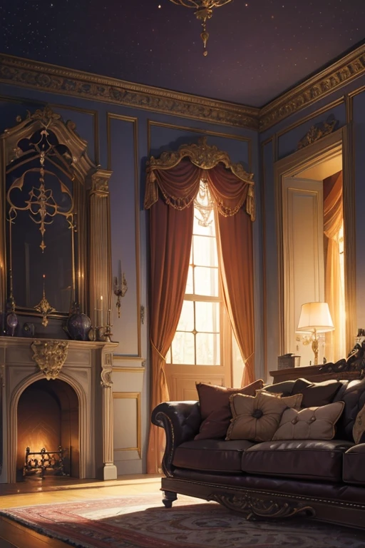 Interior, victorian Manor with reliquies, (((Nigth))), (((moonligth enters the living room))) soft pale orange palette, soft violet secundary exterior ligth