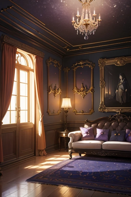 Interior, victorian Manor with reliquies, (((Nigth))), (((moonligth enters the living room))) soft pale orange palette, soft violet secundary exterior ligth