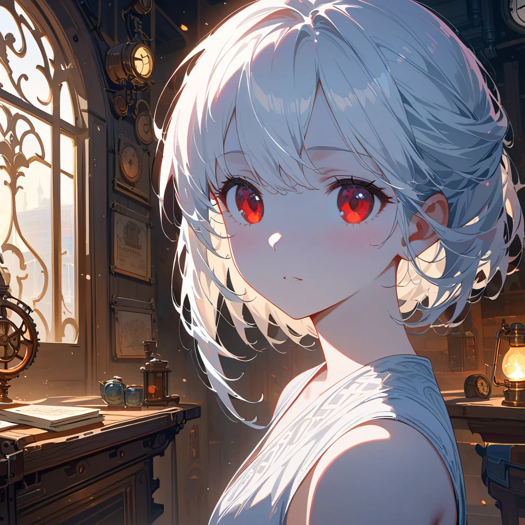 (Masterpiece artwork cinematic lighting, incredible and expressive details), (expressive detailed eyes), intricate hair details, a young girl, short white hair, fair, snow-white skin, masculine face, (expressive red eyes), background, extremely detailed 8k CG wallpaper, steampunk-style room, low, almost imperceptible lighting, beautiful illustration.