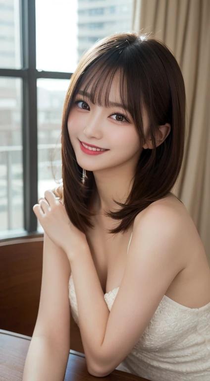 Tabletop, Highest quality, figure, Very detailed, In detail, High resolution, 8k wallpaper, Perfect dynamic composition, Beautiful attention to detail, dress,Medium Hair, Center of chest, Natural color lip, Random sexy poses,smile,Tower apartment、naked