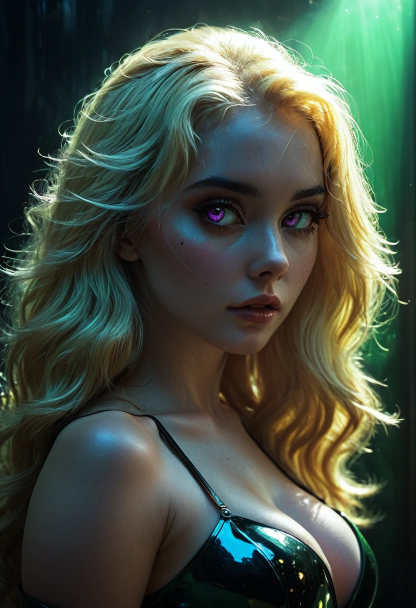 (Cinematic Frame: Realistic, Fine Drawing, Lots of Details) (((ultra realistic))) Photo, masterpiece, top quality, (pale skin), (Ultra detailed face and eyes), 1 girl, Adult,32k wallpaper, very detailed, poster, vintage science fiction, 1960s,(((dramatic cinematic movie poster))), (bauhaus), shape, abstract, mid century modern,(vintage movie poster),Perfect Only Lady,1970's,(((portfolio, Close-up))),(((retro futuristic))),(anime),(((various angle))),bust up,(vaporwave),(synthwave) ((blonde with long hair mistress of the dead)), full length, (Natural breasts). (Soft Lighting), (The play of light and shadows in the dark of night), depth of field, bokeh, (special attention to skin detail: 1.2), Detailed leather texture, detailed skin pores. (((surreal atmosphere of the frame:1.2))), (Color range - midnight black, ox blood red, toxic green and royal purple tones), UDR, ((Film grain)), ((rays)), (Glare), ((full body portrait:1.2)).   darkness