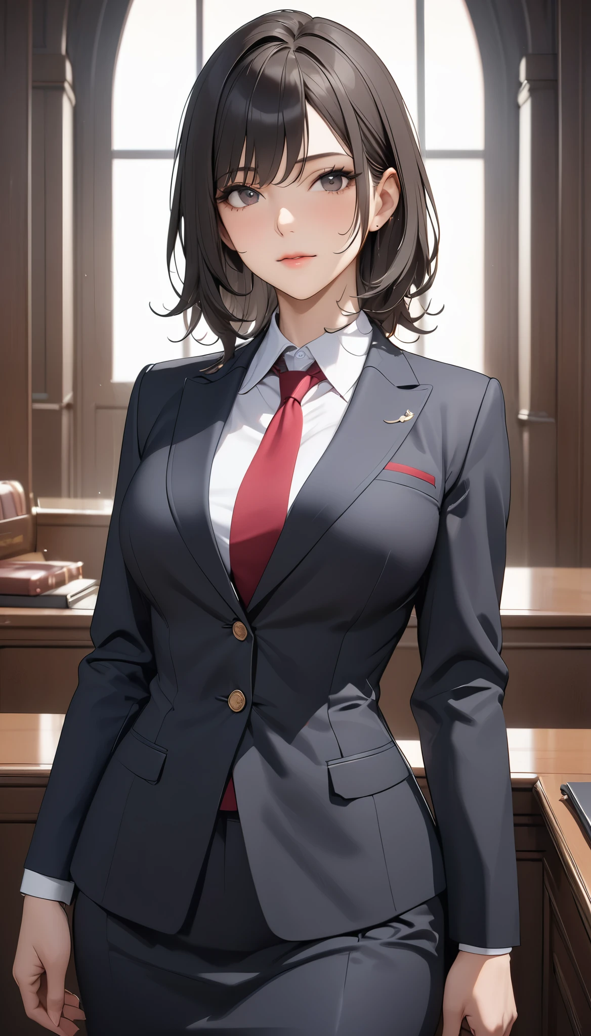 (masterpiece, Highest quality:1.2), Generated in SFW, A mature female lawyer, alone, appeal to the defendant&#39;s defence, Brave and attractive demeanor, BREAK (High-end and strict suit skirt), Clear and attractive eyes, Strong-willed, Justice, Responsibility, Extreme fatigue, BREAK Exhausted Body, A sigh of relief, Feeling of weakness, The joy of victory, sense of achievement, Confidence and pride, BREAK: Eyes on the Prey, Seduction to the viewer, We look forward to your request, Domination of female lawyers, ARW, shot from below