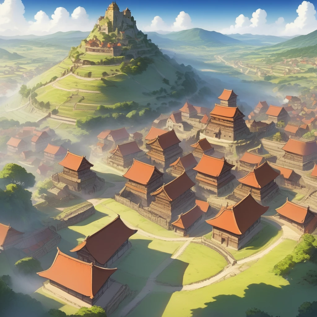(anime coloring:1.2), otherworldly, high res, best quality, from above, ultra-detailed, Fantasy, Ancient Village,Motte-and-bailey