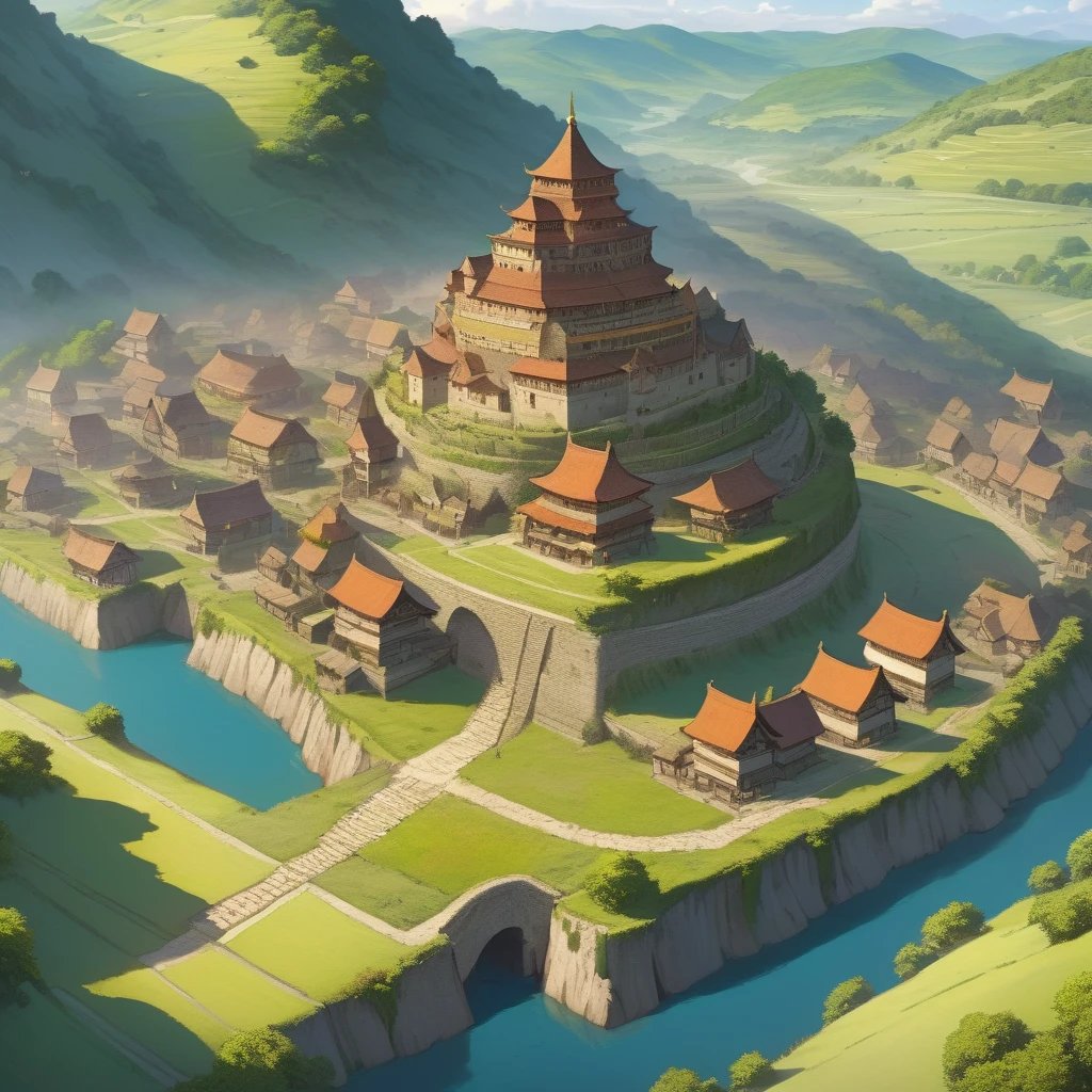 (anime coloring:1.2), otherworldly, high res, best quality, from above, ultra-detailed, Fantasy, Ancient Village,Motte-and-bailey