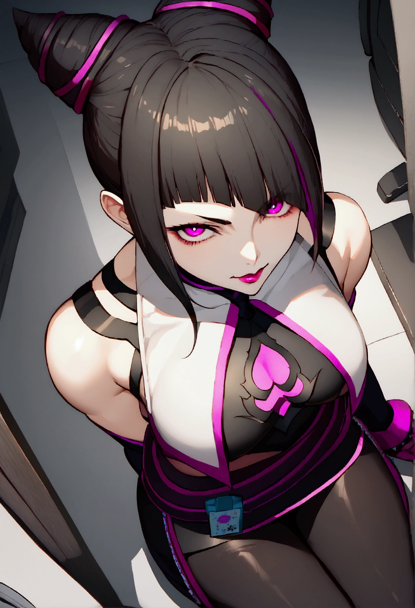 juri han, work of art, tight white secretary shirt with black tie, black high waist skirt, short skirt,stocking, black hair, black tightscary sun,office,bangs on the eyes,Lighting,horn of hair,view from above,staring overhead,evil smile,sitting,cross legs,glowing purple eyes
