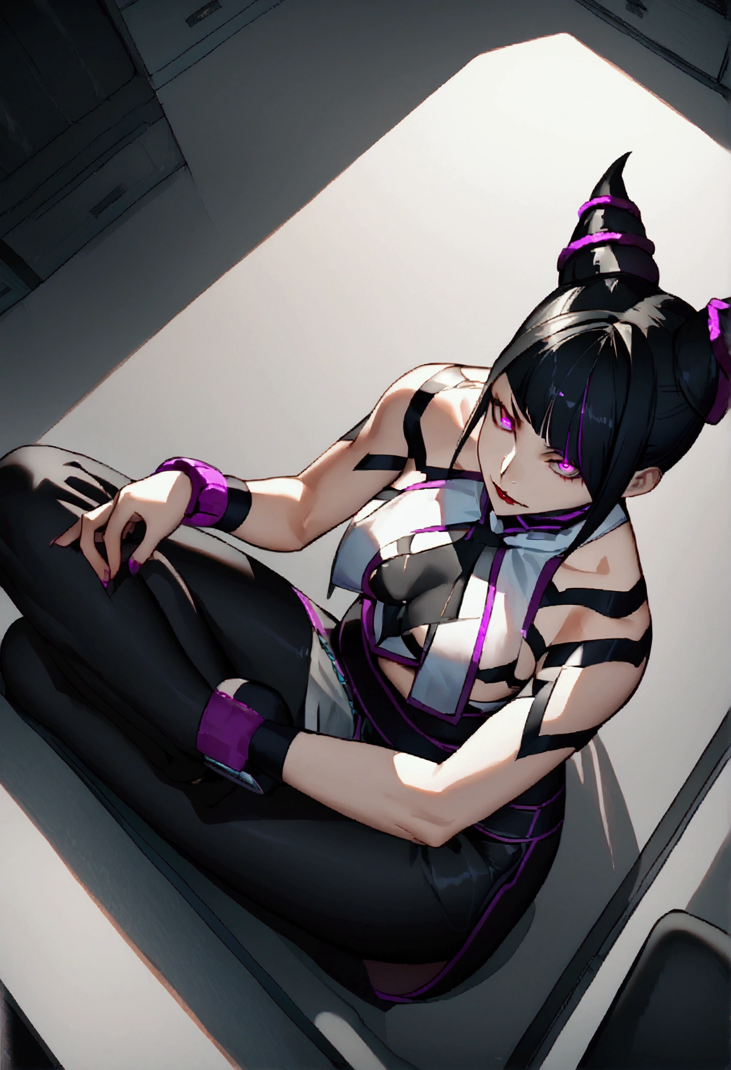 juri han, work of art, tight white secretary shirt with black tie, black high waist skirt, short skirt,stocking, black hair, black tightscary sun,office,bangs on the eyes,Lighting,horn of hair,view from above,staring overhead,evil smile,sitting,cross legs,glowing purple eyes
