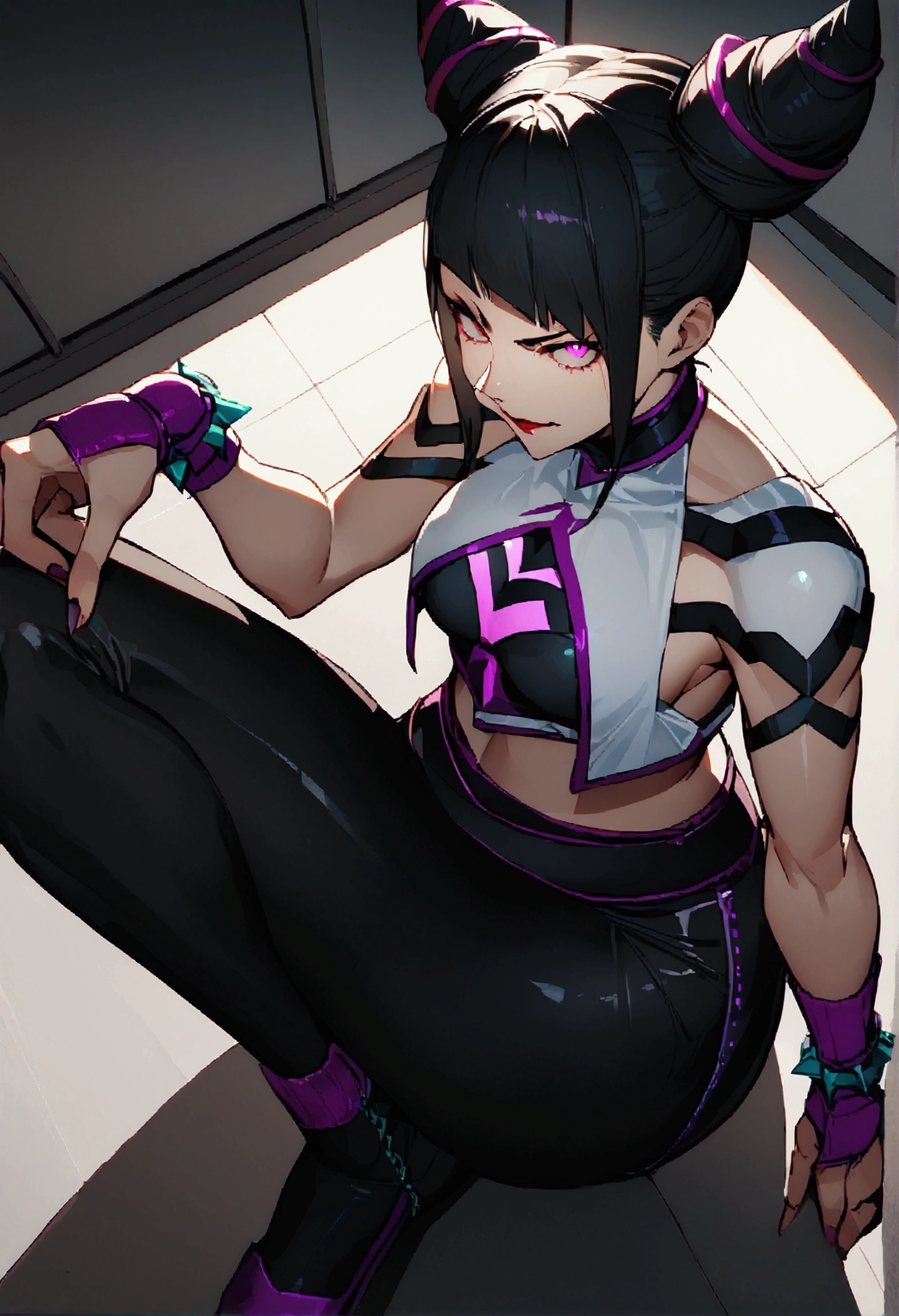 juri han, work of art, tight white secretary shirt with black tie, black high waist skirt, short skirt,stocking, black hair, black tightscary sun,office,bangs on the eyes,Lighting,horn of hair,view from above,staring overhead,evil smile,sitting,cross legs,glowing purple eyes