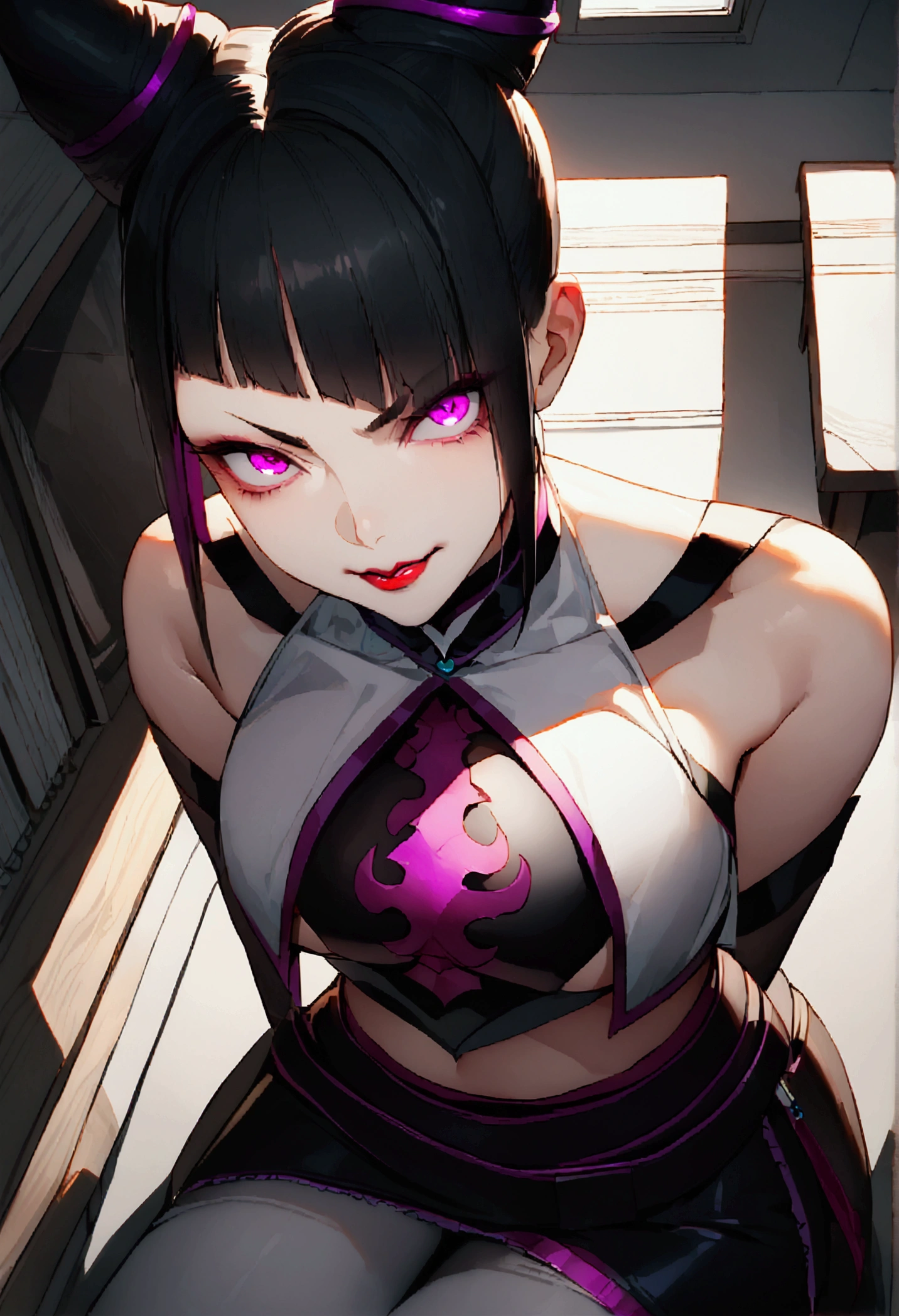 juri han, work of art, tight white secretary shirt with black tie, black high waist skirt, short skirt,stocking, black hair, black tightscary sun,office,bangs on the eyes,Lighting,horn of hair,view from above,staring overhead,evil smile,sitting,cross legs,glowing purple eyes
