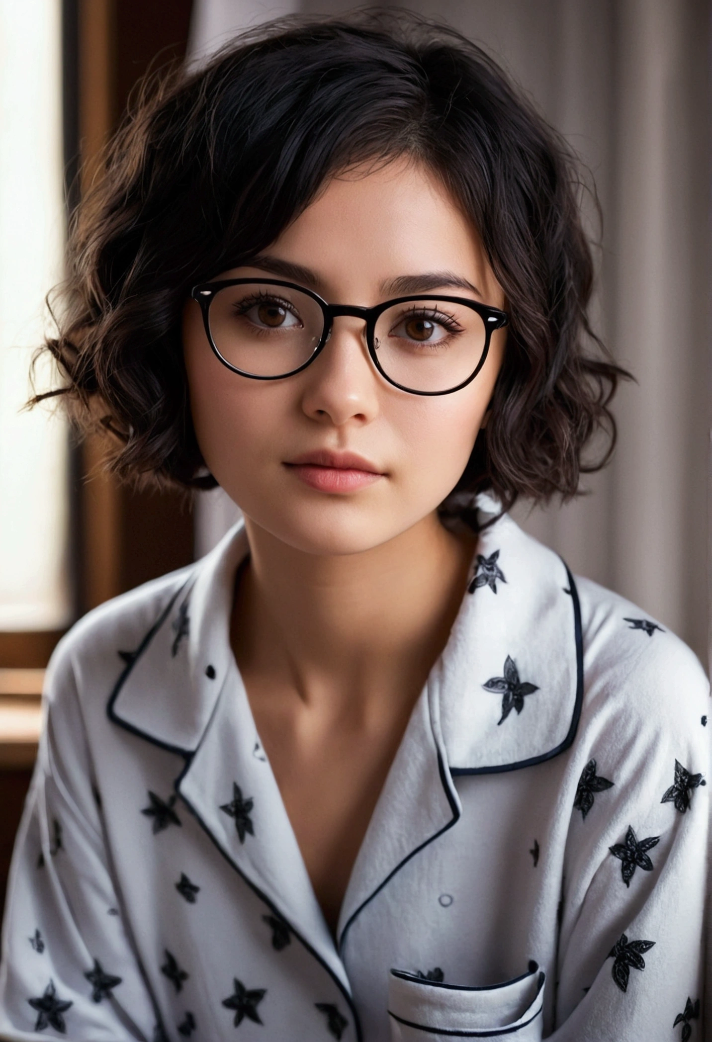 cute girl, cute face, short, short hair, black hair , wavy hair, brown eyes, a very pretty face with fine features, eyes with dark circles, small breasts, thin and wears glasses, wears a pajama, dark style,, calm and indifferent expression.
