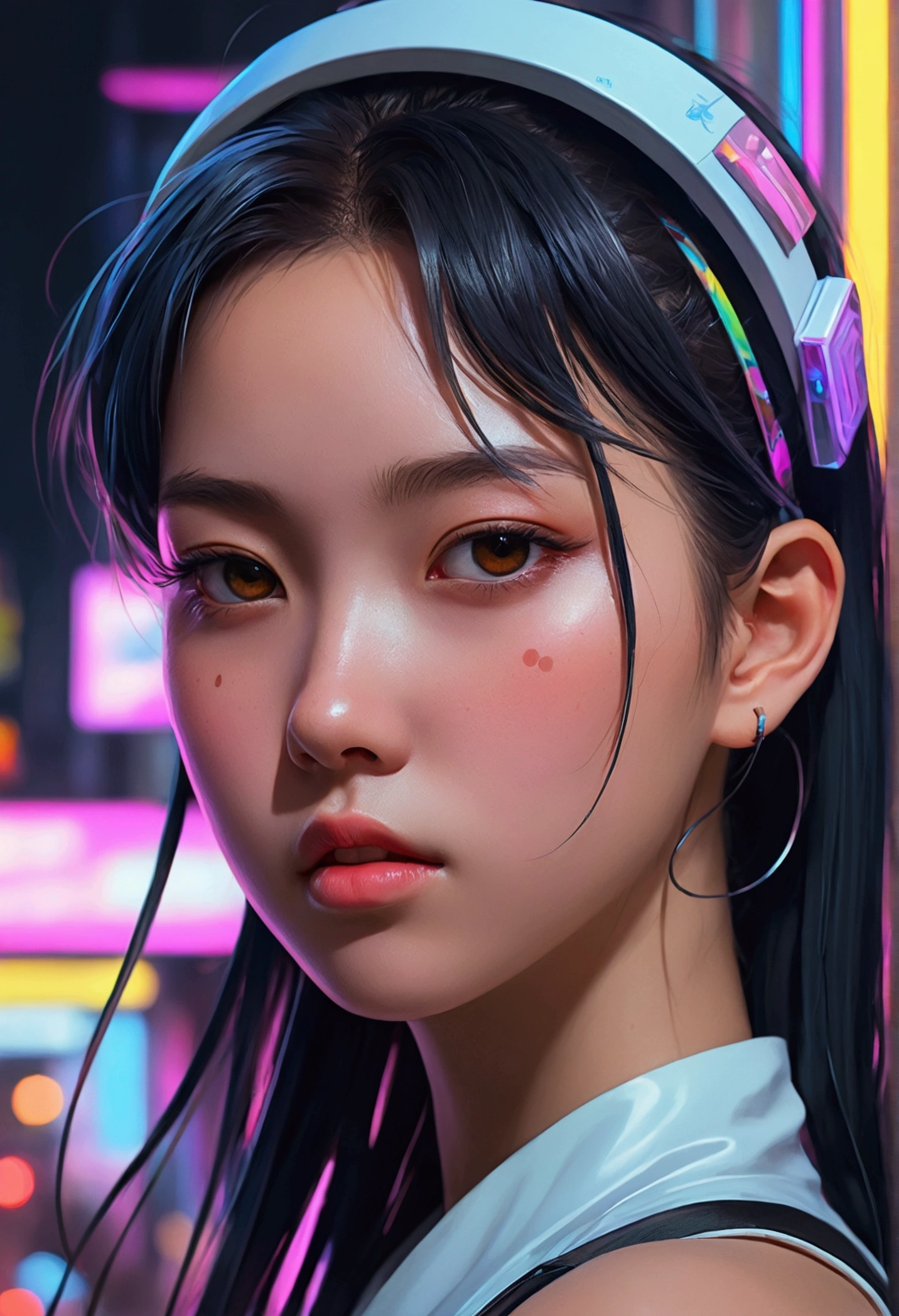 a close-up of a person with a headband, digitl art inspired by Yanjun Cheng, tumblr, digitl art, vibrant fan art, lofi portoRait, non-style artwork by guweiz, neo vaporwave, color digital painting, cybernetic aesthetic, kpop idol portrait, yanjun chengt, Anime digital illustration, nft portrait, digitl art de anime cyberpunk.