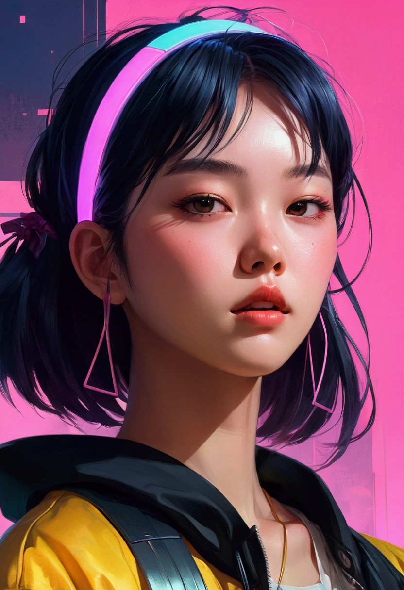 a close-up of a person with a headband, digitl art inspired by Yanjun Cheng, tumblr, digitl art, vibrant fan art, lofi portoRait, non-style artwork by guweiz, neo vaporwave, color digital painting, cybernetic aesthetic, kpop idol portrait, yanjun chengt, Anime digital illustration, nft portrait, digitl art de anime cyberpunk.