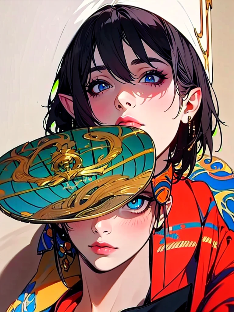 ((work of art, best qualityer)), 1womanl, (beautiful man1.4), 130 mmf1.4 lenses, standing alone, pointy ears, heart-shaped pupils, From above, skate, saturados, colorfully, Bblack hair, body hair (((1girl)), female focus, Masterpiece artwork, high qualiy, (Masterpiece artwork:1.2), (best qualityer:1.2), shining skin, realisitic, ornate, intricate, ((blackquality hair)), (short hair), blue colored eyes,bangss, hair between the eyes, chic, looking_at_viewer, holding_fan, red_eyeliner, FH, crazy eyes, gazing at viewer, constricted pupils, dynamic pose, (shadows cast over the face:1.3), dark bedroom, shadow room