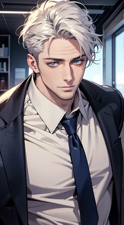 (best quality,4k,8k,highres,masterpiece:1.2),ultra-detailed,(realistic,photorealistic,photo-realistic:1.37),1 man,31 years old,mature man,very handsome,without expression,smile,short grey white hair,blue eyes,penetrating gaze,perfect face without errors,imposing posture,businessman,office background,cinematic lighting,hdr image