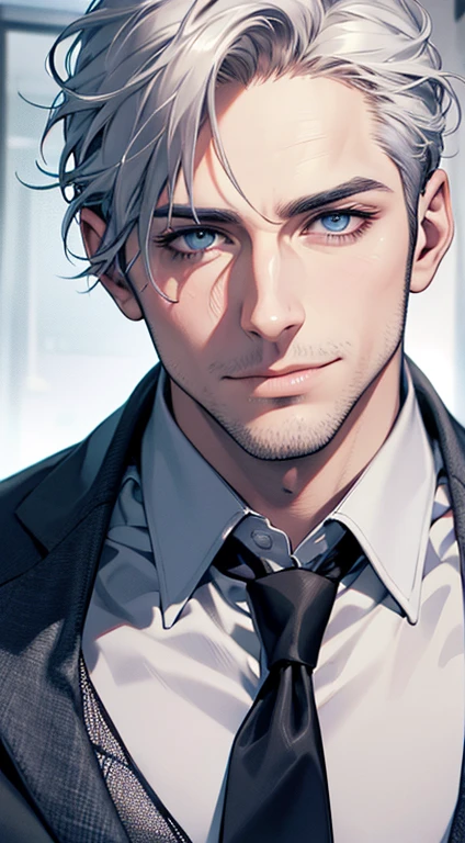 (best quality,4k,8k,highres,masterpiece:1.2),ultra-detailed,(realistic,photorealistic,photo-realistic:1.37),1 man,31 years old,mature man,very handsome,without expression,smile,short grey white hair,blue eyes,penetrating gaze,perfect face without errors,imposing posture,businessman,office background,cinematic lighting,hdr image