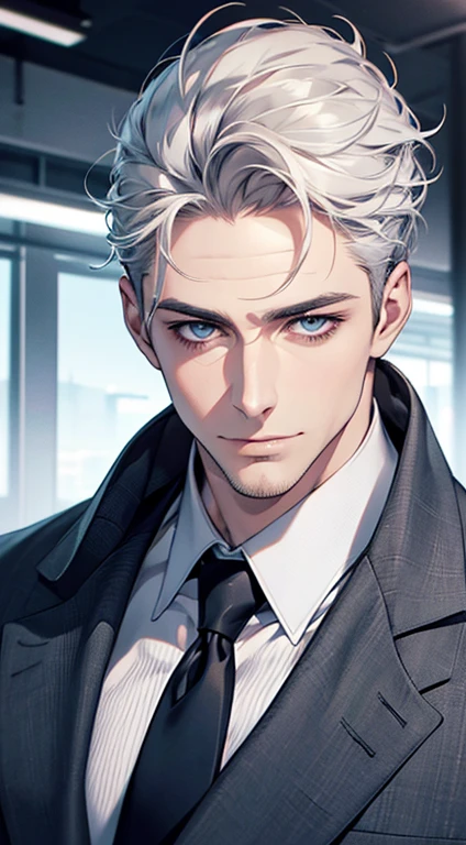(best quality,4k,8k,highres,masterpiece:1.2),ultra-detailed,(realistic,photorealistic,photo-realistic:1.37),1 man,31 years old,mature man,very handsome,without expression,smile,short grey white hair,blue eyes,penetrating gaze,perfect face without errors,imposing posture,businessman,office background,cinematic lighting,hdr image