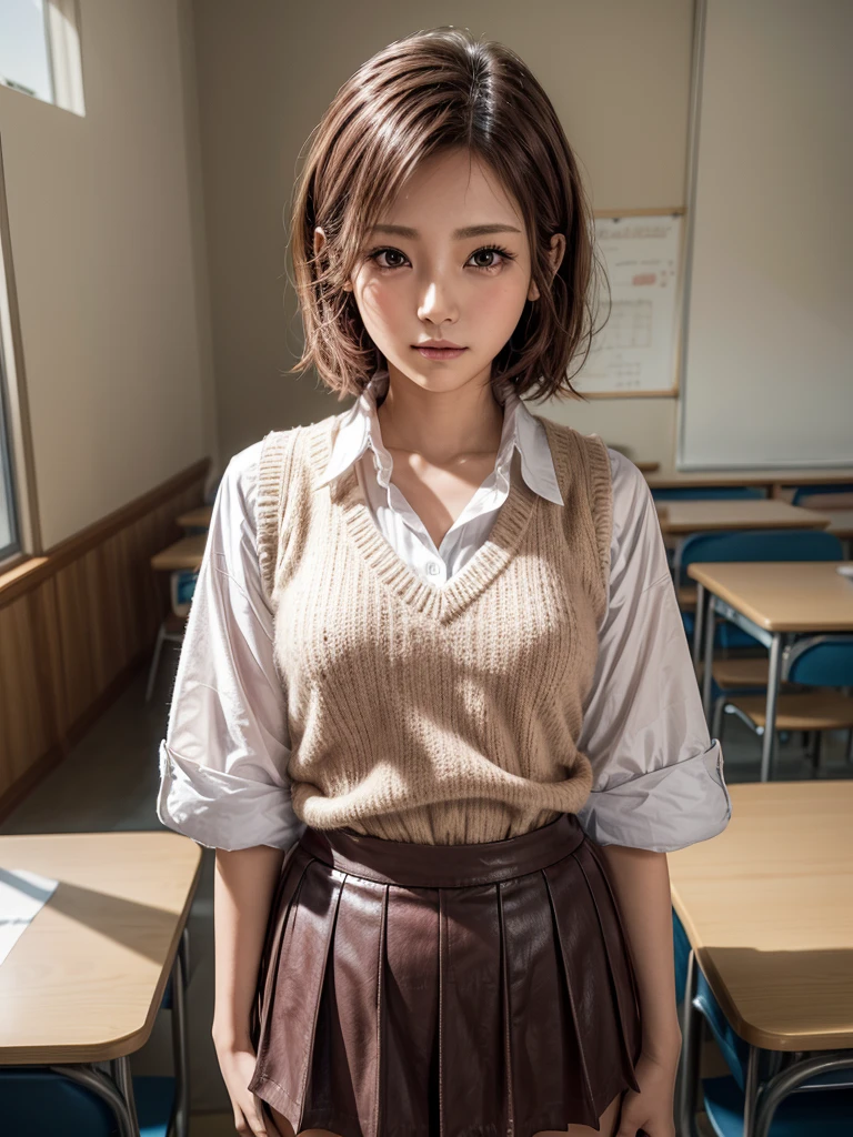 Masterpiece, Top Quality, Top Mikoto, brown eyes, short hair, small breasts, looking at viewer, alone, closed mouth, collared shirt, beige knit vest, dark blue  Skirt, school_uniform, shirt, white_shirt, classroom,Masterpiece, highest quality, 8K, detailed skin texture, fine cloth texture, beautiful detailed face, intricate details, super detailed,cute,cute posing,composition that shows the whole body, pink hair