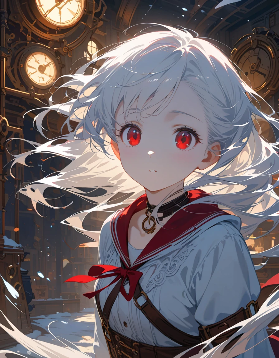 (Masterpiece artwork cinematic lighting, incredible and expressive details), (expressive detailed eyes), intricate hair details, a young girl, short white hair, fair, snow-white skin, masculine face, (expressive red eyes), background, extremely detailed 8k CG wallpaper, steampunk-style room, low, almost imperceptible lighting, beautiful illustration.
