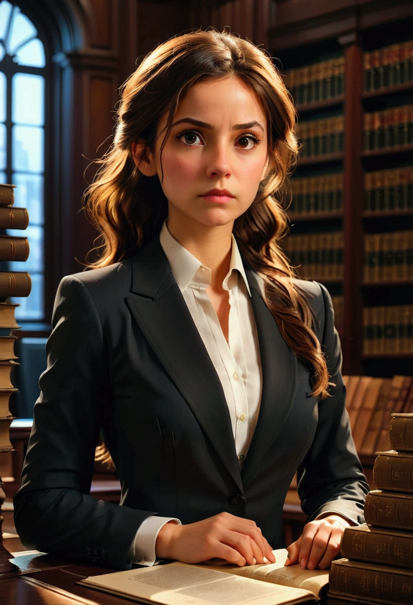 1girl, Lawyer, a lawyer in a courtroom, elegant formal suit, confident and professional expression, dramatic lighting, law books and documents in the background, cinematic composition, 8k, high quality, masterpiece, best quality, very aesthetic, absurdres