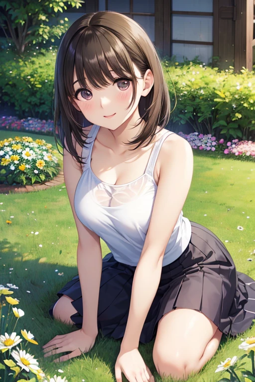 anegasaki nene、Shiny brown hair, short hair, (Beautiful brown eyes、Sparkling eyes, Fine grain)、smile、Ultra-detailed eyes、Highly detailed face, Highly detailed eyes,


(masterpiece、Highest quality、Highest quality、Official Art、Beautiful and beautiful:1.2)、
{There is a girl kneeling in front of a flower bed. She is beautiful, Attractive. She is wearing a pink tank top, big pink maxi skirt. Her skirt also has floral patterns all over it., Make a circle when kneeling or sitting. Her tank top has white stitching around the edges.. 
 She has a rose. Roses are planted in the flowerbed, Daisies and other flowers. She is kneeling on the grass. She is beautifulsmileを浮かべている}, 