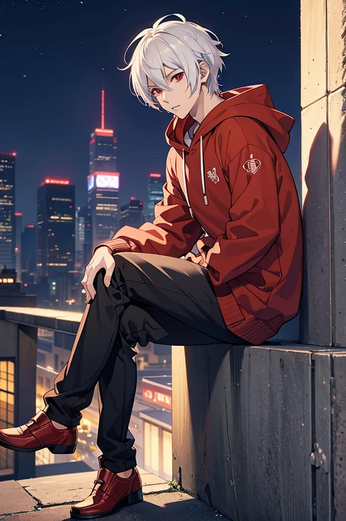 Male anime character, short white hair, red eyes, more details on face and eyes, wearing red hoodie, black pants, sitting, city, night, sitting on a wall in a city at night, best anime 4k , 4k anime wallpaper, anime style 4 k, badass anime 8 k, anime wallpaper 4 k, anime wallpaper 4k, anime art wallpaper 8 k, anime art wallpaper 4k, anime art wallpaper 4 k, anime style. 8k, high quality anime artstyle