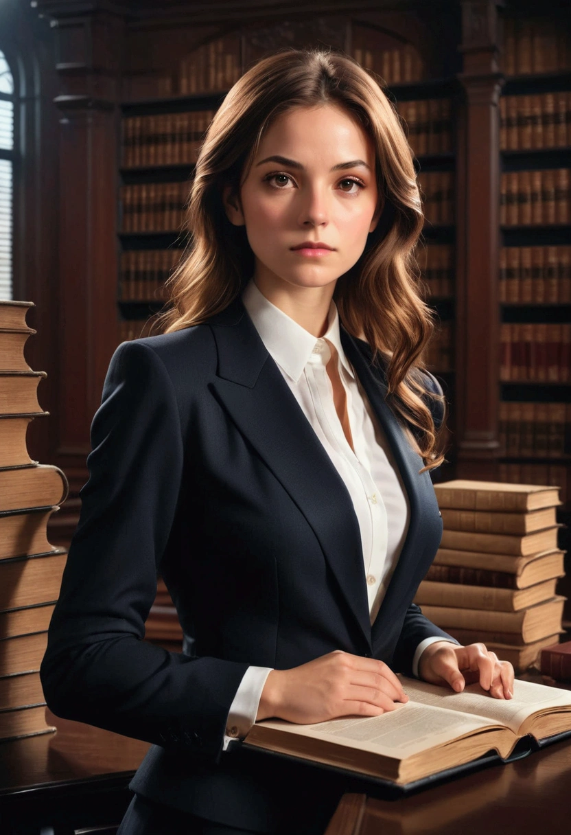 1girl, Lawyer, a lawyer in a courtroom, elegant formal suit, confident and professional expression, dramatic lighting, law books and documents in the background, cinematic composition, 8k, high quality, masterpiece, best quality, very aesthetic, absurdres