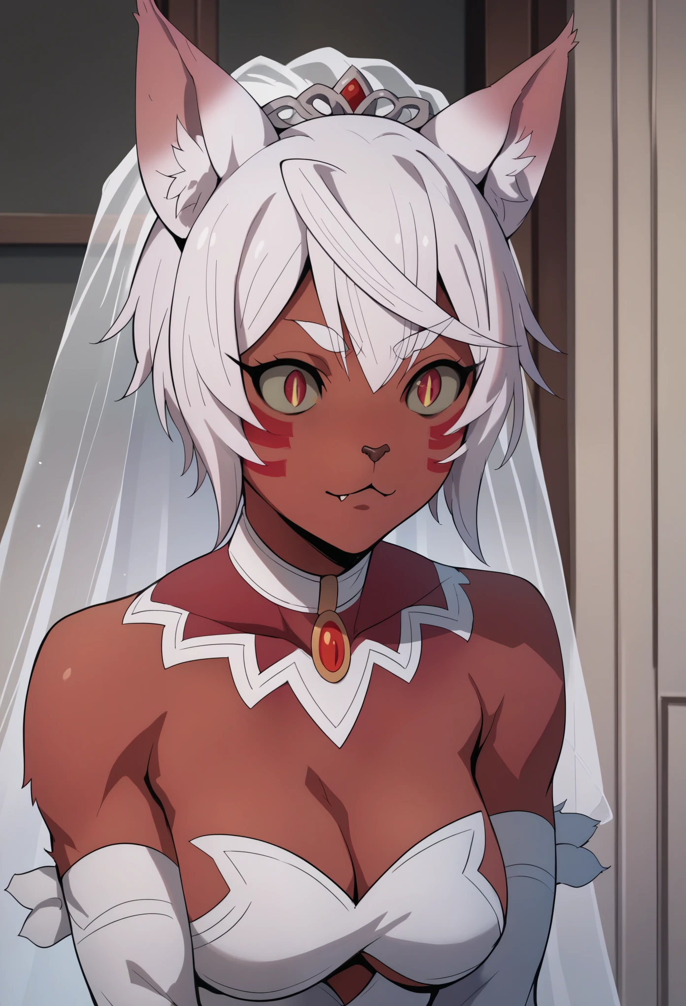 uliminas,red eyes,slit pupils, facial mark,white hair,short hair, cat ears, cat girl, cat tail,medium breasts,animal hands,colored skin, red skin, furry female, claws, wedding dress
