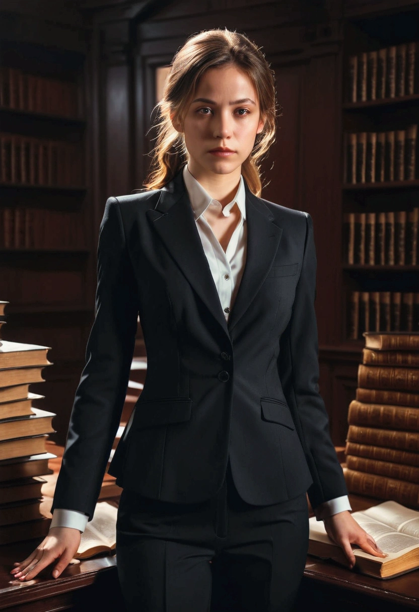 1girl, Lawyer, a lawyer in a courtroom, elegant formal suit, confident and professional expression, dramatic lighting, law books and documents in the background, cinematic composition, 8k, high quality, masterpiece, best quality, very aesthetic, absurdres