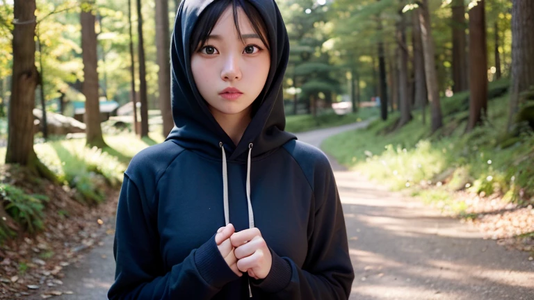 Super realistic, hdr, 4k, detailed, Hijab, Japanese girl, glow skin, sad face, Mole in Cheek, Blue eyes, forest, black Hoodie