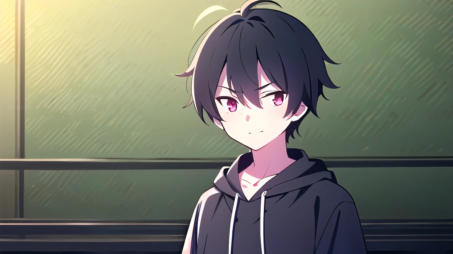  skinny, femboy, solo, 1boy, man, male A gloomy appearance,innocent smile,very short hair, short cut hair, black hair, red eyes,messy hair, bangs, messy bangs, cowlick, black hoodie, upper body, theme dark, night, moon light