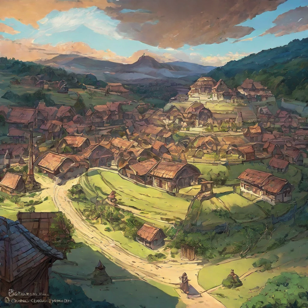 (anime coloring:1.2), otherworldly, high res, best quality, from above, ultra-detailed, Fantasy, Ancient Village,Motte-and-bailey