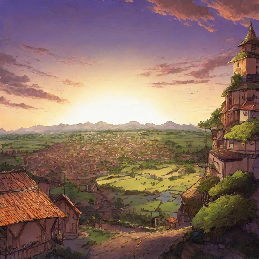 (anime coloring:1.2),	otherworldly,	high res,	best quality,	from above,	ultra-detailed,	Fantasy,	Ancient Village,Motte-and-bailey