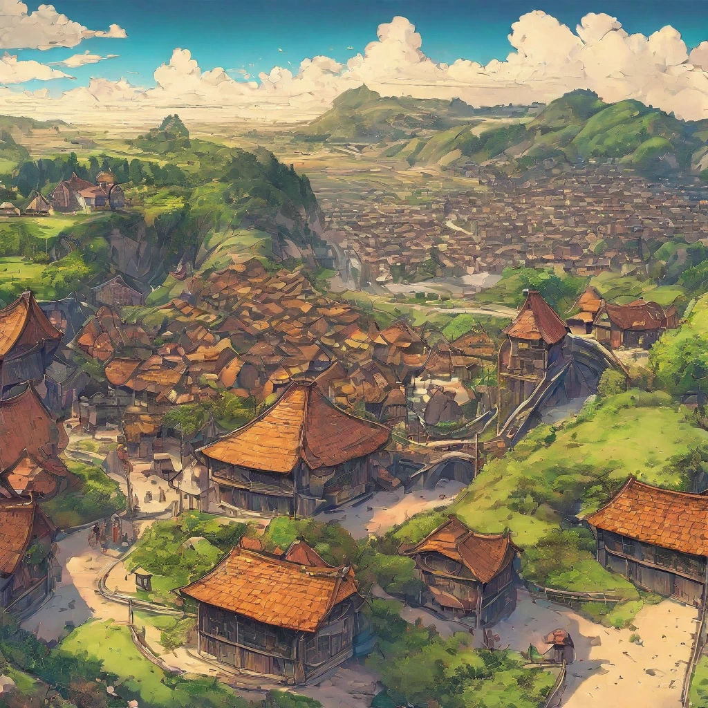 (anime coloring:1.2), otherworldly, high res, best quality, from above, ultra-detailed, Fantasy, Ancient Village,Motte-and-bailey