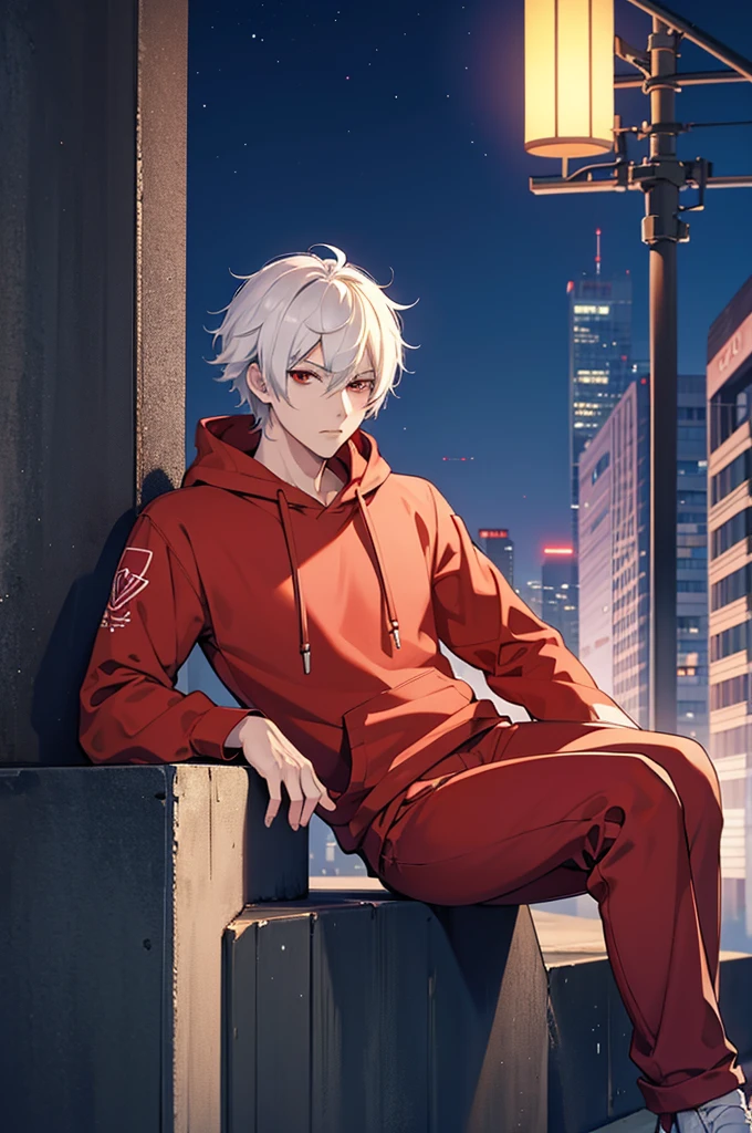 Male anime character, short white hair, red eyes, more details on face and eyes, wearing red hoodie, black pants, sitting, city, night, sitting on a wall in a city at night, best anime 4k , 4k anime wallpaper, anime style 4 k, badass anime 8 k, anime wallpaper 4 k, anime wallpaper 4k, anime art wallpaper 8 k, anime art wallpaper 4k, anime art wallpaper 4 k, anime style. 8k, high quality anime artstyle