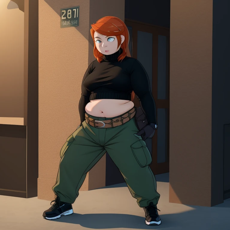Best_QualityPos, RAW photo, intricate details, best quality, 8k uhd, soft lighting, 1 fat girl, body plus, solo, green eyes, orange hair, long hair, black gloves, black turtleneck sweater, crop top, midriff, long sleeves, belt, belt pouch, green cargo pants, black shoes 