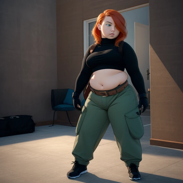 Best_QualityPos, RAW photo, intricate details, best quality, 8k uhd, soft lighting, 1 fat girl, body plus, solo, green eyes, orange hair, long hair, black gloves, black turtleneck sweater, crop top, midriff, long sleeves, belt, belt pouch, green cargo pants, black shoes 