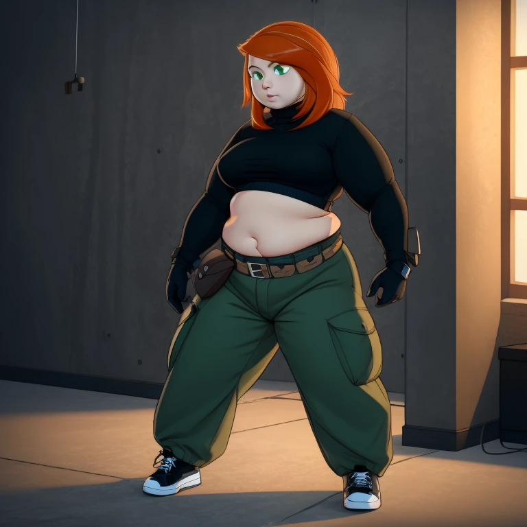 Best_QualityPos, RAW photo, intricate details, best quality, 8k uhd, soft lighting, 1 fat girl, body plus, solo, green eyes, orange hair, long hair, black gloves, black turtleneck sweater, crop top, midriff, long sleeves, belt, belt pouch, green cargo pants, black shoes