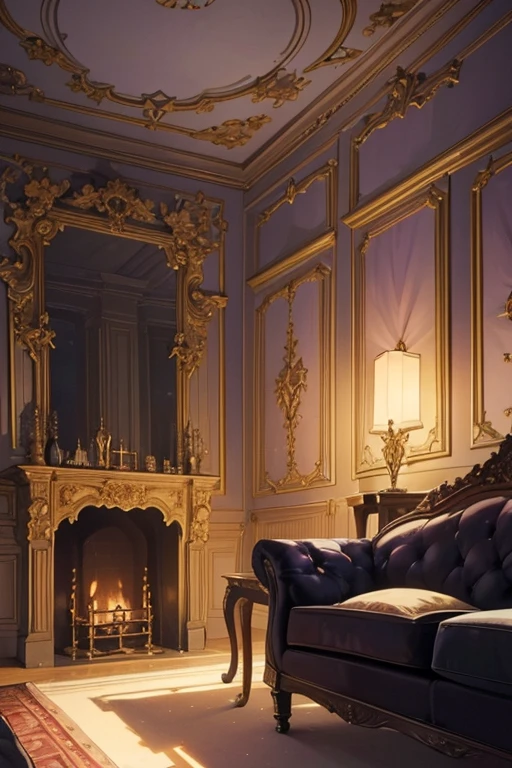 Interior, victorian Manor with reliquies, (((Nigth))), (((moonligth enters the living room))) soft pale orange palette, soft violet secundary exterior ligth 