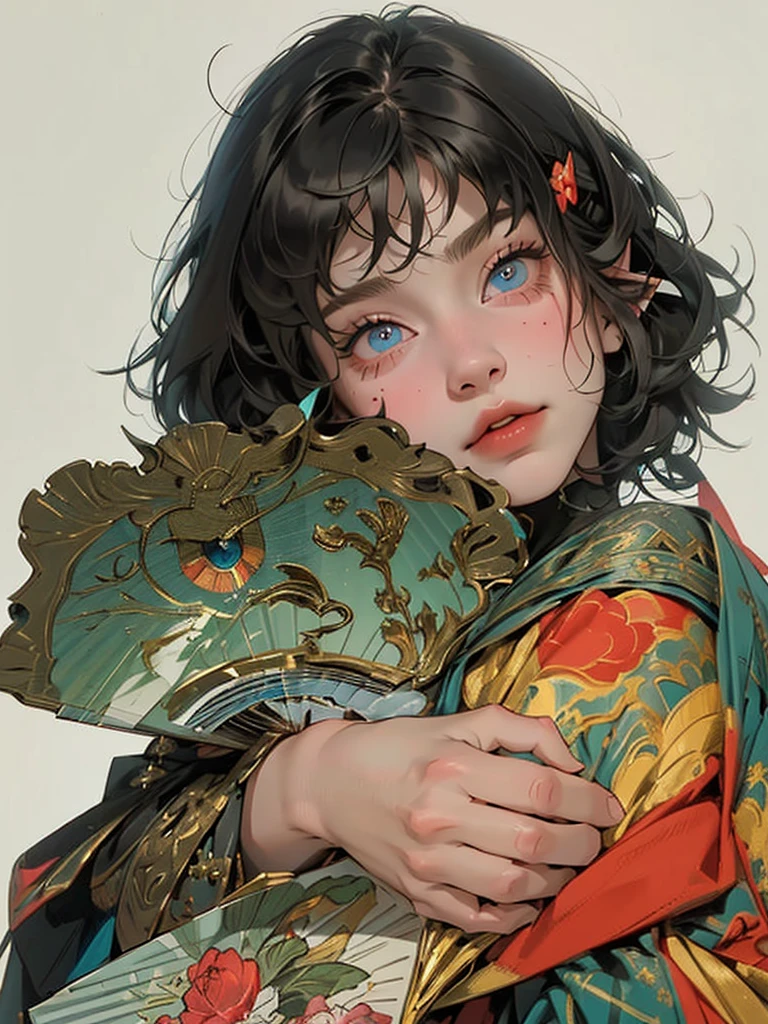 ((work of art, best qualityer)), 1womanl, (beautiful man1.4), 130 mmf1.4 lenses, standing alone, pointy ears, heart-shaped pupils, From  above, skate, saturados, colorfully, Bblack hair, body hair (((1girl)), female focus, Masterpiece artwork, high qualiy, (Masterpiece artwork:1.2), (best qualityer:1.2), shining skin, realisitic, ornate, intricate, ((blackquality hair)), (short hair), blue colored eyes,bangss, hair between the eyes, chic, looking_at_viewer, holding_fan, red_eyeliner, FH, crazy eyes, gazing at viewer, constricted pupils, dynamic pose, (shadows cast over the face:1.3), dark bedroom, shadow room