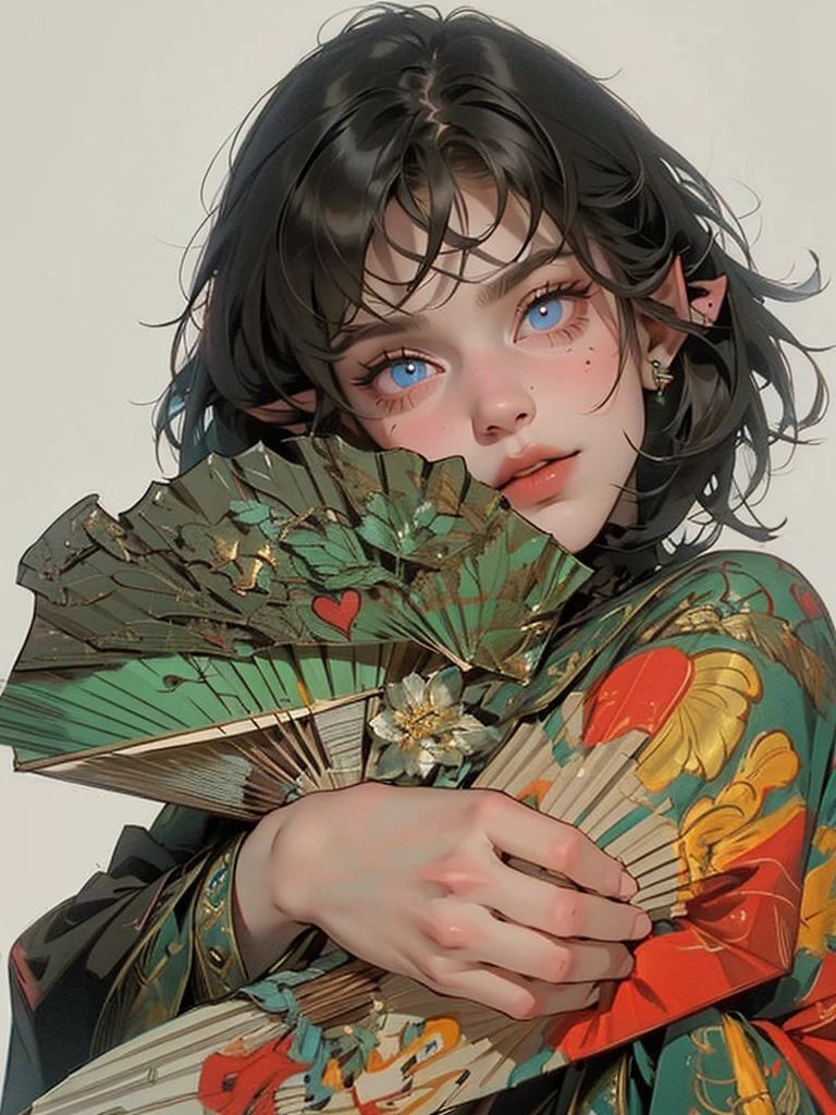 ((work of art, best qualityer)), 1womanl, (beautiful man1.4), 130 mmf1.4 lenses, standing alone, pointy ears, heart-shaped pupils, From above, skate, saturados, colorfully, Bblack hair, body hair (((1girl)), female focus, Masterpiece artwork, high qualiy, (Masterpiece artwork:1.2), (best qualityer:1.2), shining skin, realisitic, ornate, intricate, ((blackquality hair)), (short hair), blue colored eyes,bangss, hair between the eyes, chic, looking_at_viewer, holding_fan, red_eyeliner, FH, crazy eyes, gazing at viewer, constricted pupils, dynamic pose, (shadows cast over the face:1.3), dark bedroom, shadow room