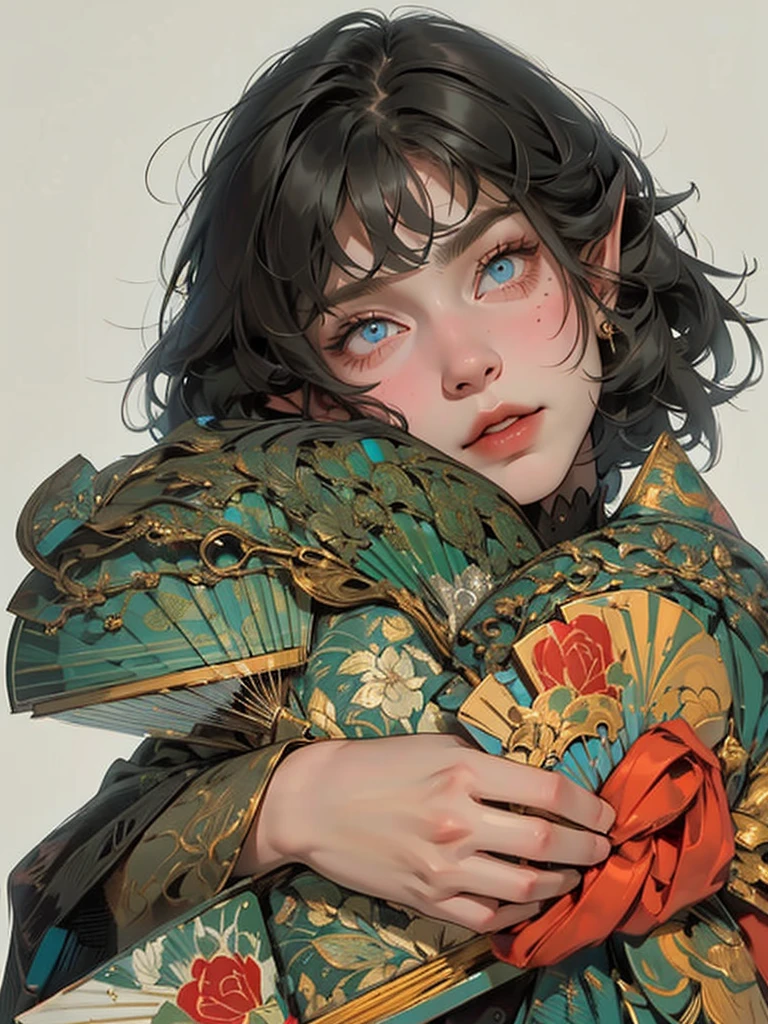 ((work of art, best qualityer)), 1womanl, (beautiful man1.4), 130 mmf1.4 lenses, standing alone, pointy ears, heart-shaped pupils, From above, skate, saturados, colorfully, Bblack hair, body hair (((1girl)), female focus, Masterpiece artwork, high qualiy, (Masterpiece artwork:1.2), (best qualityer:1.2), shining skin, realisitic, ornate, intricate, ((blackquality hair)), (short hair), blue colored eyes,bangss, hair between the eyes, chic, looking_at_viewer, holding_fan, red_eyeliner, FH, crazy eyes, gazing at viewer, constricted pupils, dynamic pose, (shadows cast over the face:1.3), dark bedroom, shadow room