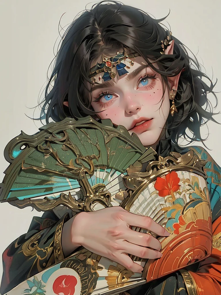 ((work of art, best qualityer)), 1womanl, (beautiful man1.4), 130 mmf1.4 lenses, standing alone, pointy ears, heart-shaped pupils, From above, skate, saturados, colorfully, Bblack hair, body hair (((1girl)), female focus, Masterpiece artwork, high qualiy, (Masterpiece artwork:1.2), (best qualityer:1.2), shining skin, realisitic, ornate, intricate, ((blackquality hair)), (short hair), blue colored eyes,bangss, hair between the eyes, chic, looking_at_viewer, holding_fan, red_eyeliner, FH, crazy eyes, gazing at viewer, constricted pupils, dynamic pose, (shadows cast over the face:1.3), dark bedroom, shadow room