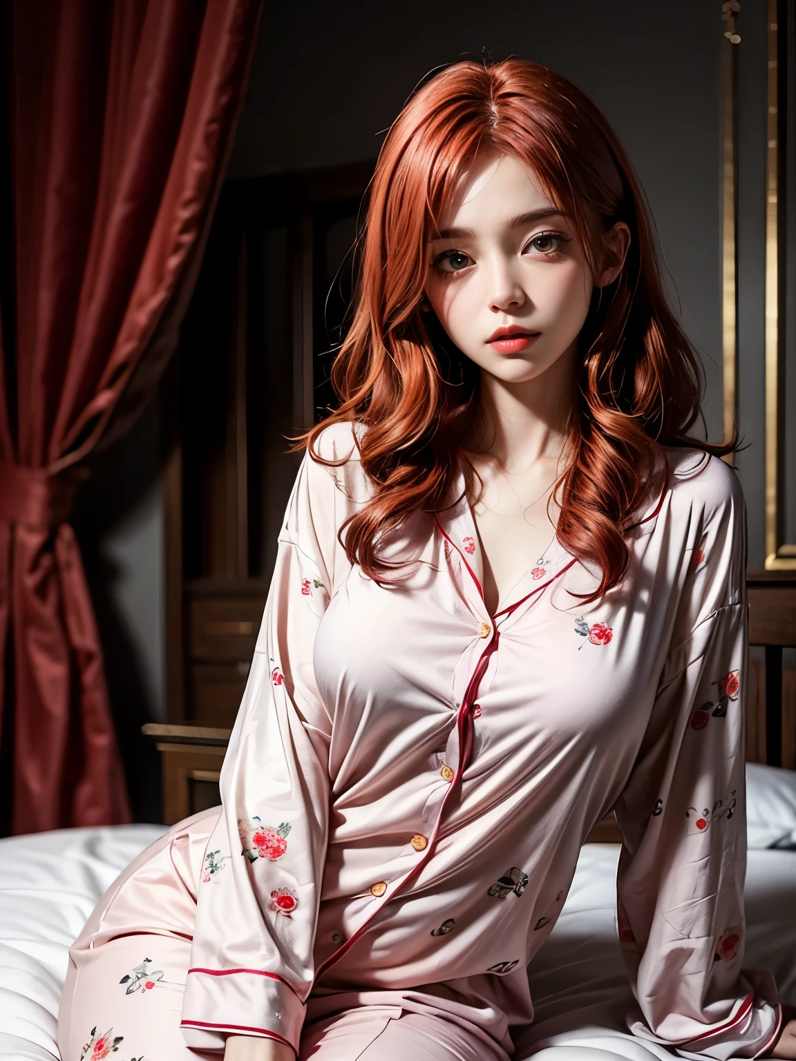 There is a woman sitting on a bed wearing a pink floral pajamas, red-haired girl, beautiful red-haired woman, red-haired woman, young red-haired girl, short bright red hair, red hair and attractive features, Anna Nikonova aka Newmilky, red-haired girl, redhead, beautiful woman, posing in bed, red head, with short red hair, posing in a room
