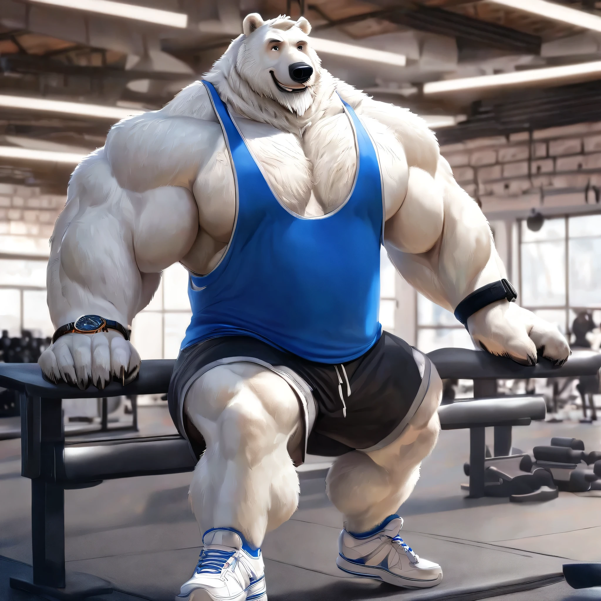 huge muscular polar bear in L.A. Bodyworks Gym, big smile, polar bear, huge white fur, thick arm, huge arm, white mustache, bearded white. white hair and beard, bearded, (muscular, pectoral, wide pectoral, thick arms), realistic, 8k, masterpiece, deatiled eyes, (wearing black shorts, wristband, watch, blue tank top and white shoes), leg warmups